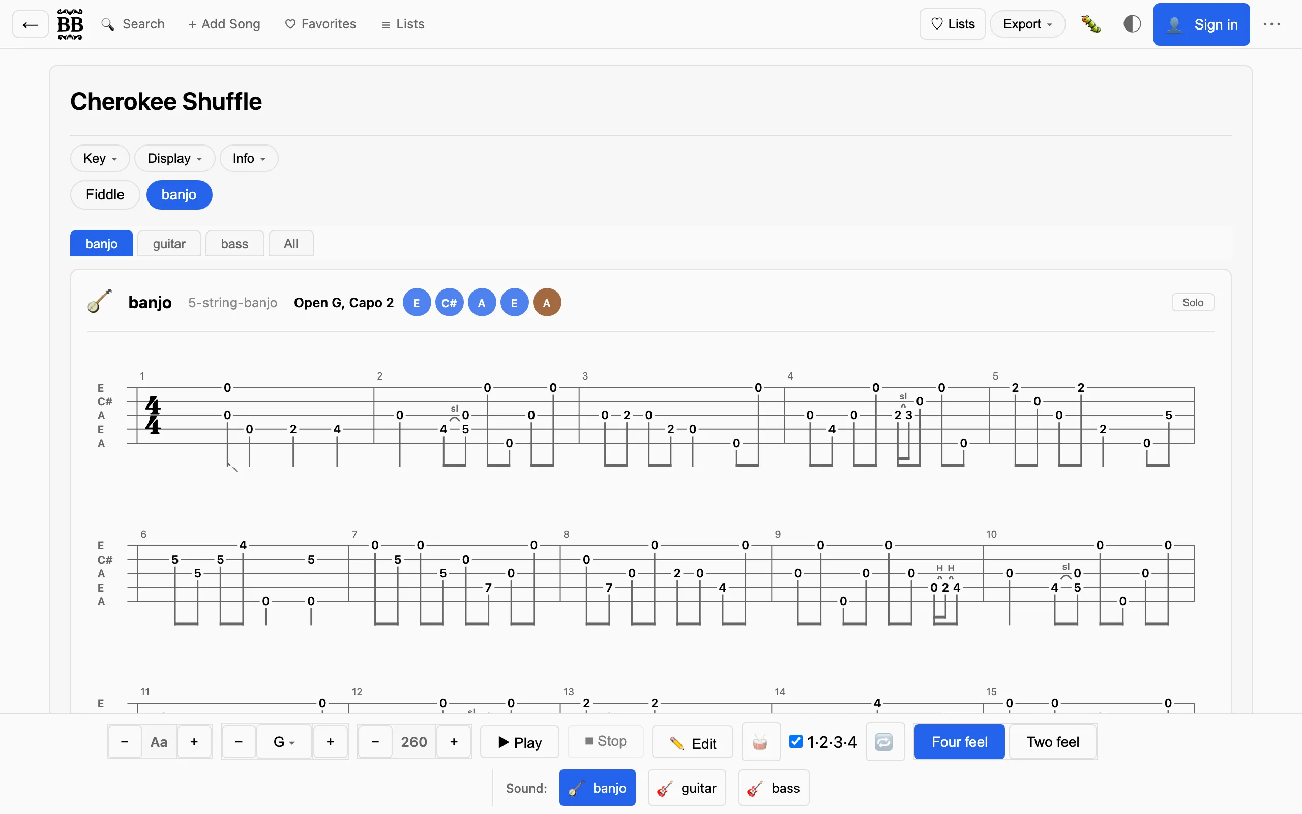 A banjo tab with the playback transport and track mixer in the bottom band